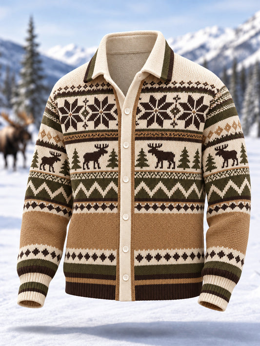 Herren-Winter-Strickjacke mit geometrischem Elch-Totem-Muster, lässiger Stil