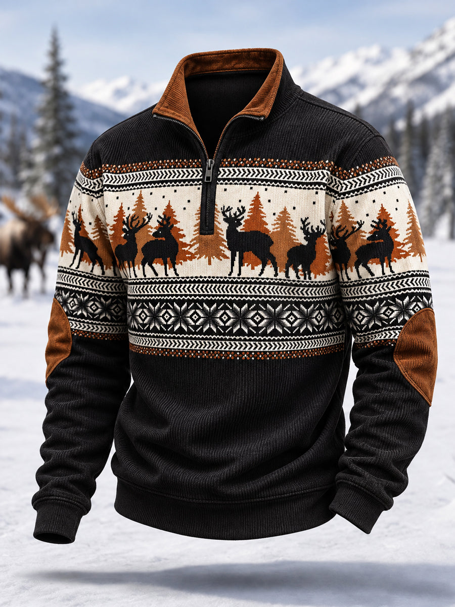 Herren-Winterpullover aus Cord mit Hirschdruck und Reißverschluss, lässiger Stil
