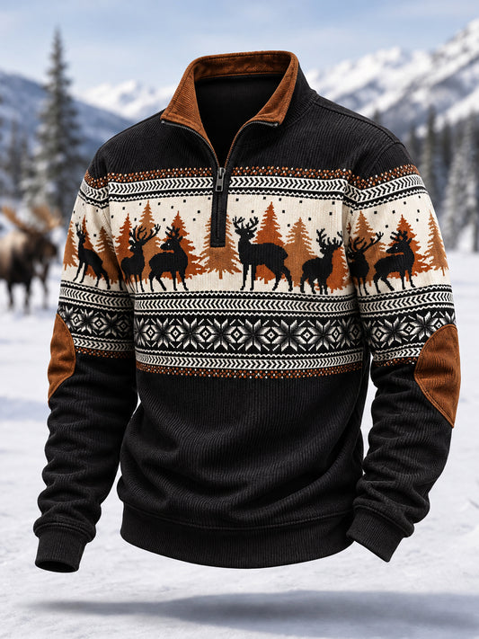 Herren-Winterpullover aus Cord mit Hirschdruck und Reißverschluss, lässiger Stil