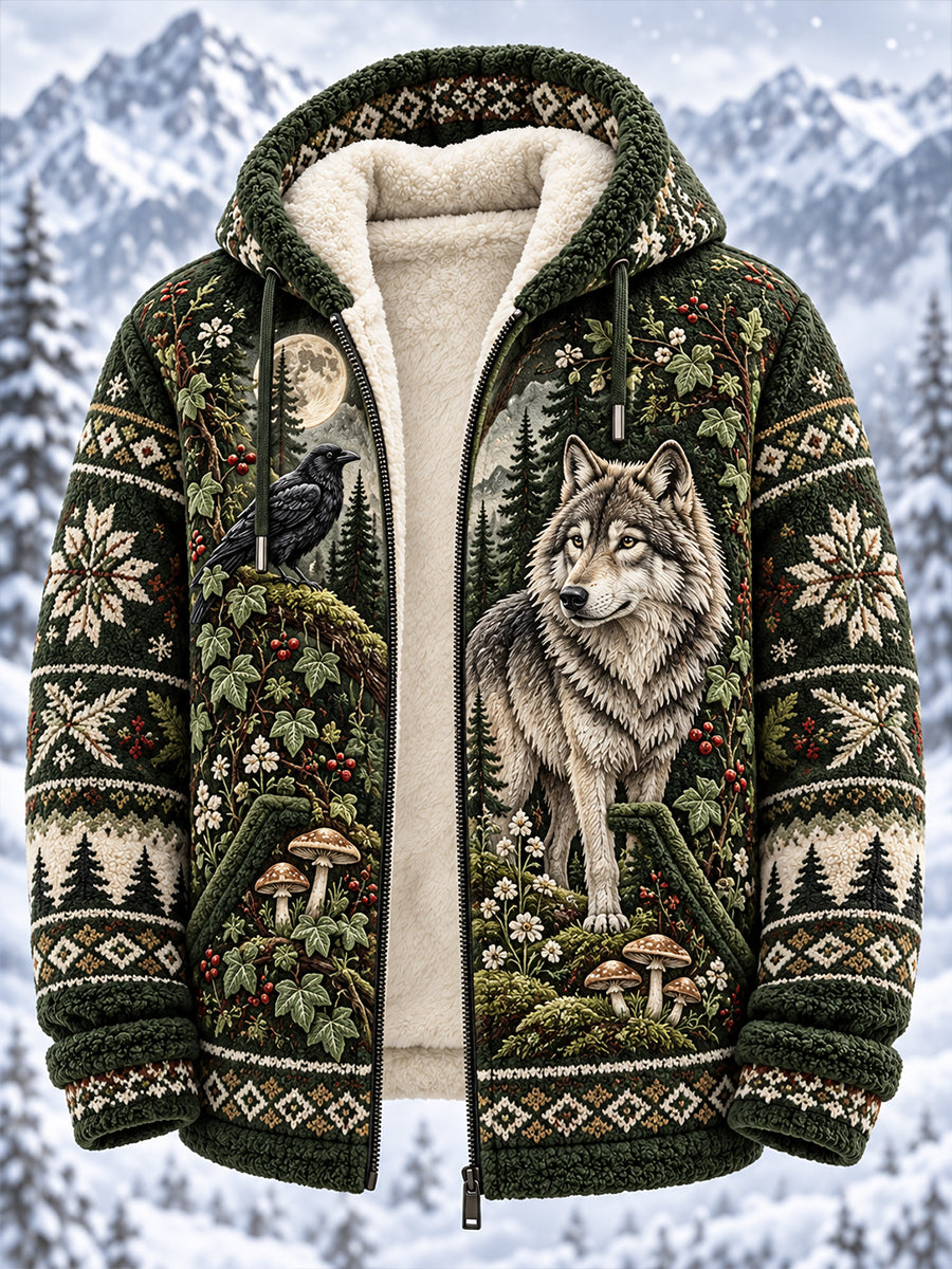 Herren-Flanelljacke im nordischen Stil mit Tiermuster und Kapuze
