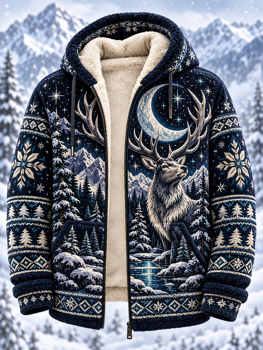 Herren-Flanelljacke im nordischen Stil mit Tiermuster und Kapuze