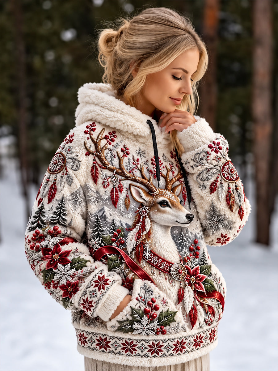 Damen-Sweatshirt im nordischen Stil mit Tiermuster und Kapuze aus Flanell