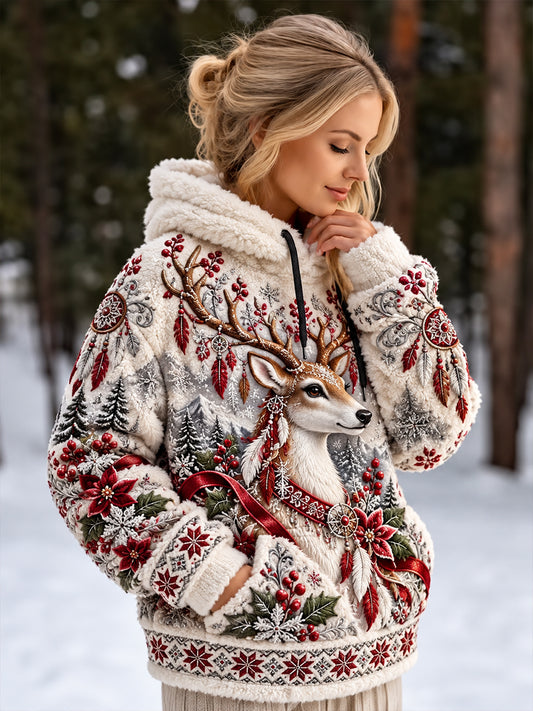 Damen-Sweatshirt im nordischen Stil mit Tiermuster und Kapuze aus Flanell