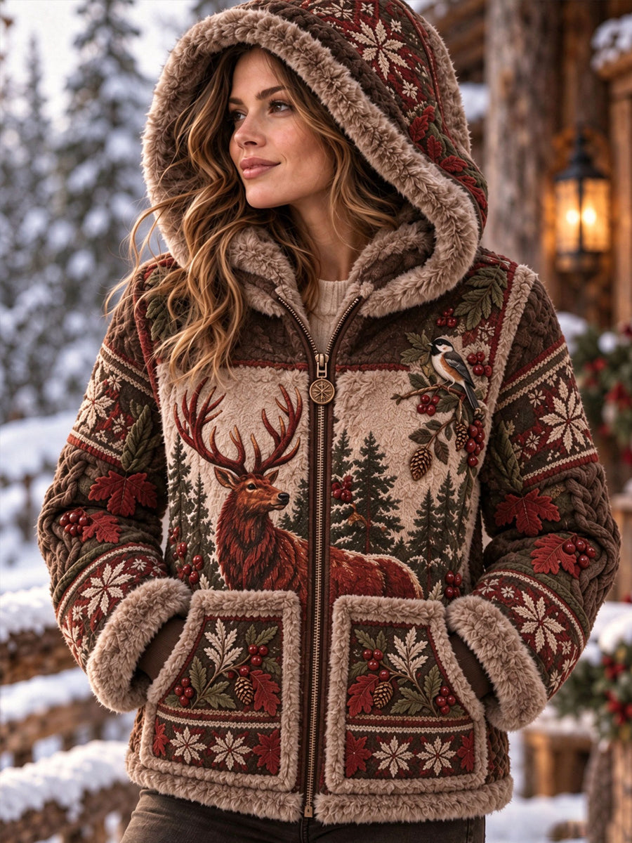 Damen-Nordic-Tiermuster-Flanelljacke