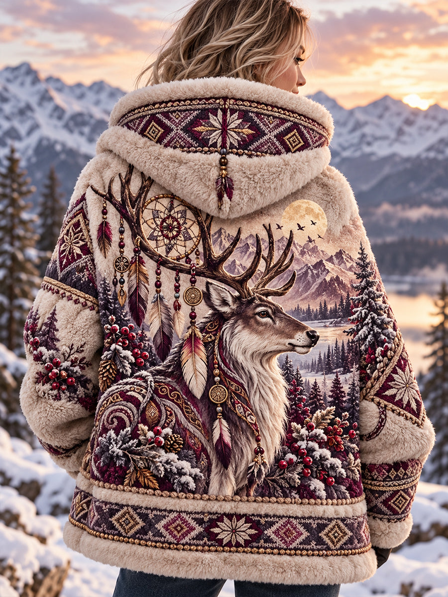 Damen-Flanelljacke im nordischen Stil mit Tiermuster und Kapuze
