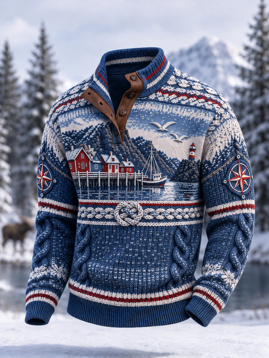 Retro Nordic Coastal-inspiriertes lässiges Stehkragen-Sweatshirt
