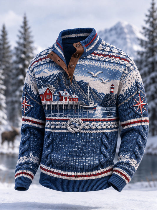 Retro Nordic Coastal-inspiriertes lässiges Stehkragen-Sweatshirt