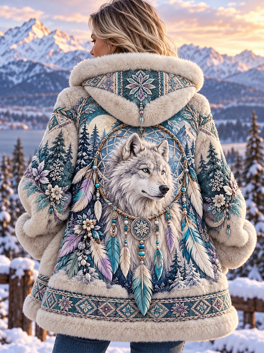 Damen-Flanelljacke im nordischen Stil mit Tiermuster und Kapuze