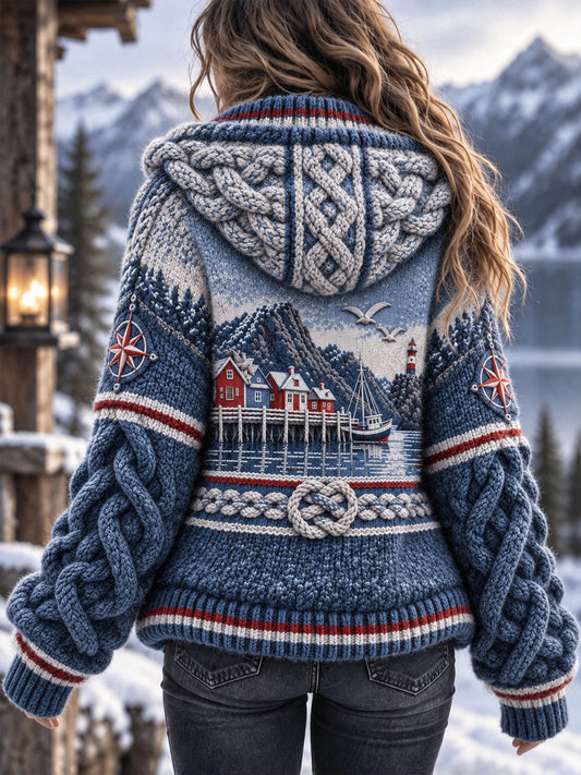 Damen Retro Nordic Coastal-inspirierte Freizeit jacke mit Kapuze
