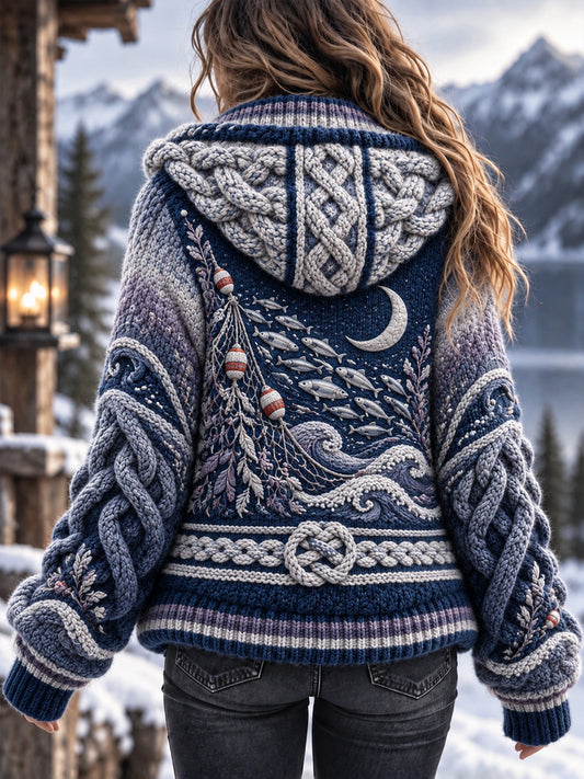 Damen Retro Nordic Coastal-inspirierte Fisch druck Kapuzen jacke