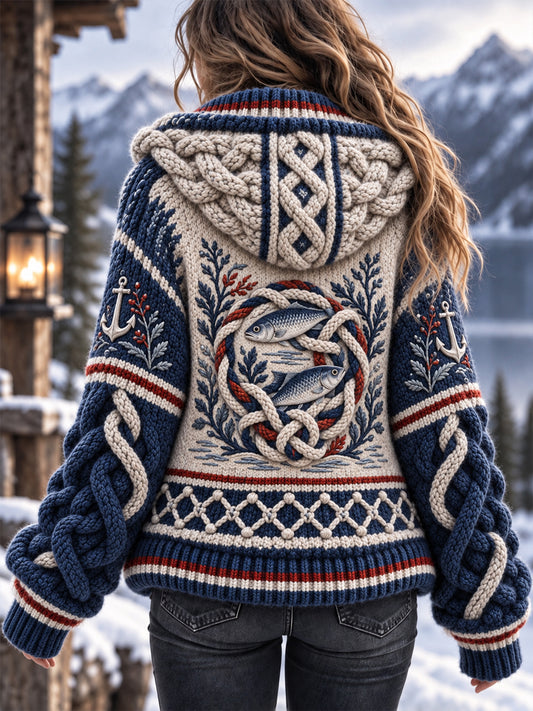 Damen Retro Nordic Coastal-inspirierte Strick-Kapuzen jacke