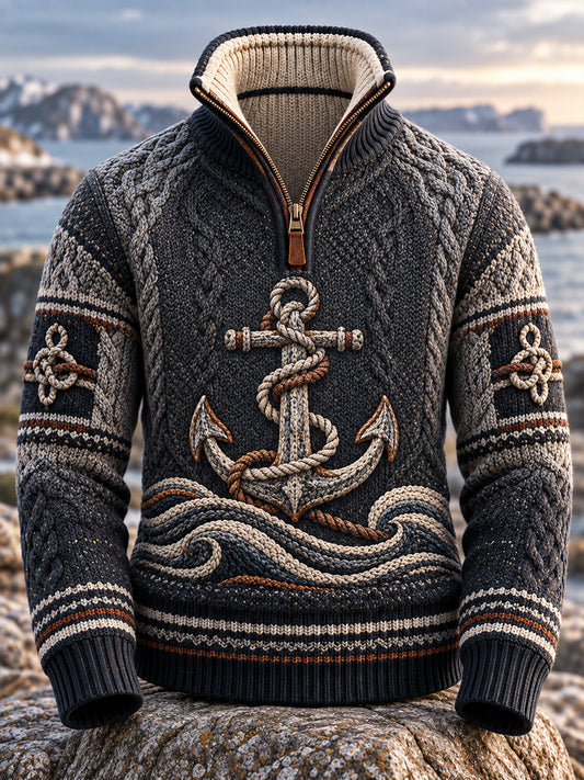 Retro Nordic Coastal Kultur Anker-Print Künstlerisches Reiß verschluss Sweatshirt