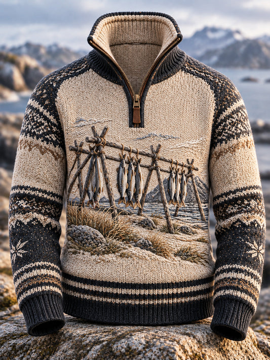 Retro nordische Küsten kultur Fisch kunst Sweatshirt mit Reiß verschluss