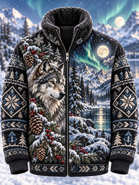 Herren-Nordische-Tiere-Flanelljacke mit Reißverschluss