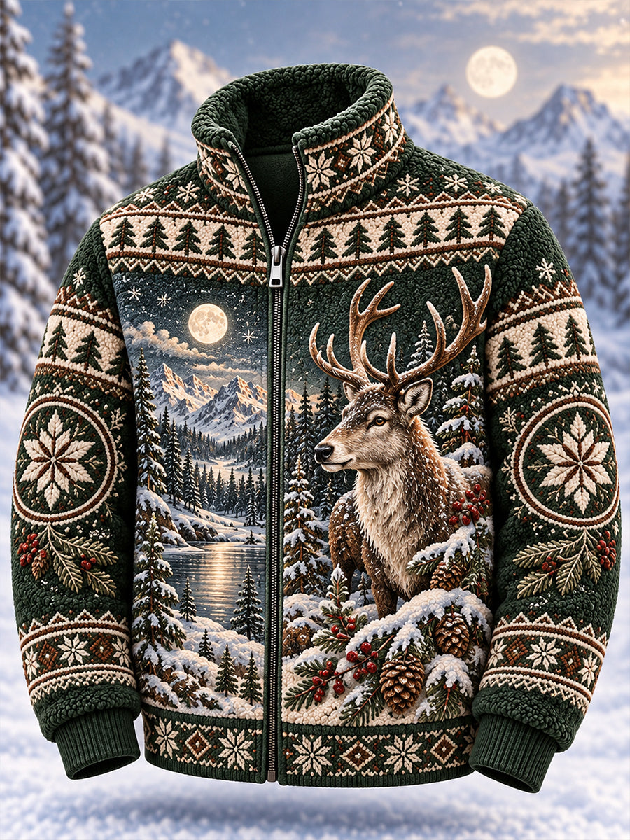 Herren-Nordische-Tiere-Flanelljacke mit Reißverschluss