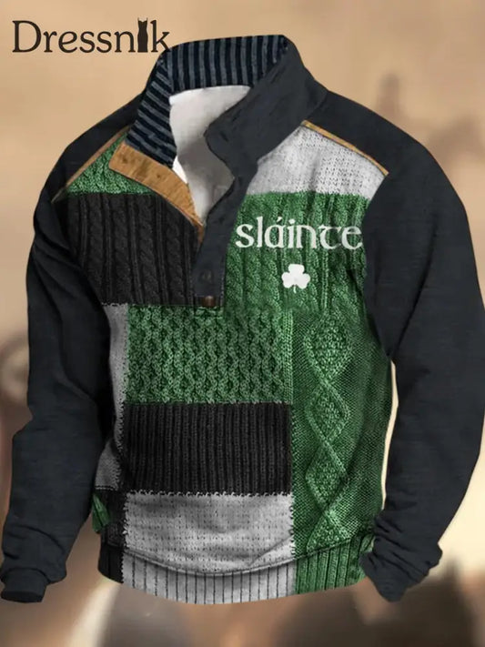 St. Patrick’s Textur Muster Gedruckt Western Village Jagd Logo Knopf V-Ausschnitt Outdoor Dickes