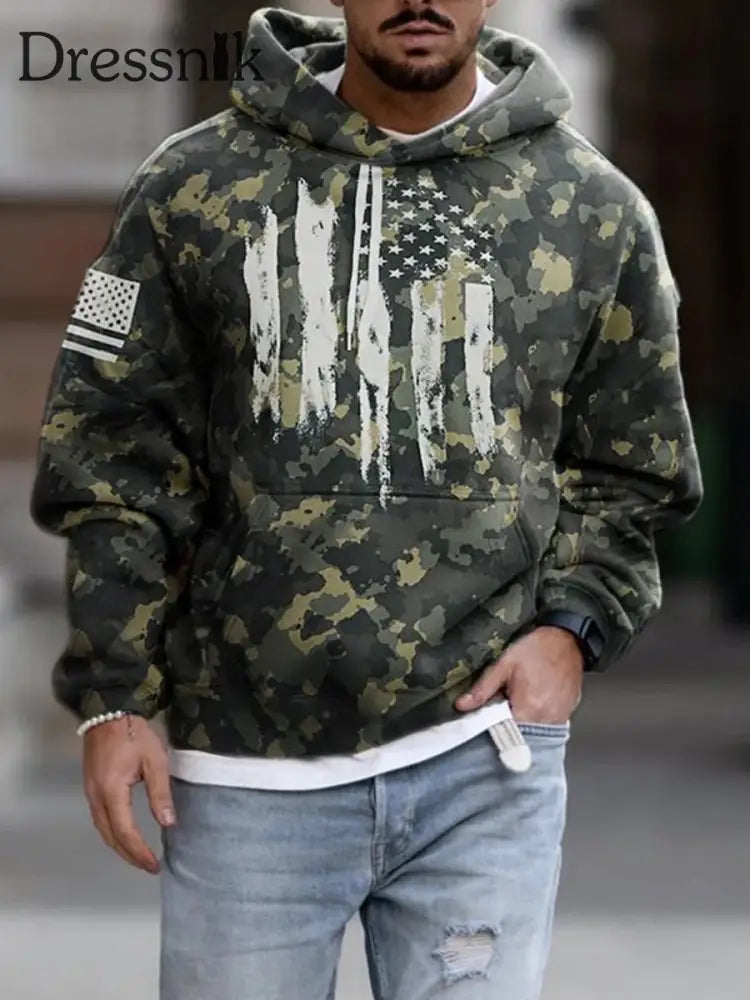 Star Stripe Camouflage Bedruckte Tasche Lässig Lose Pullover Langarm Kordel Zug Hoodie A / S