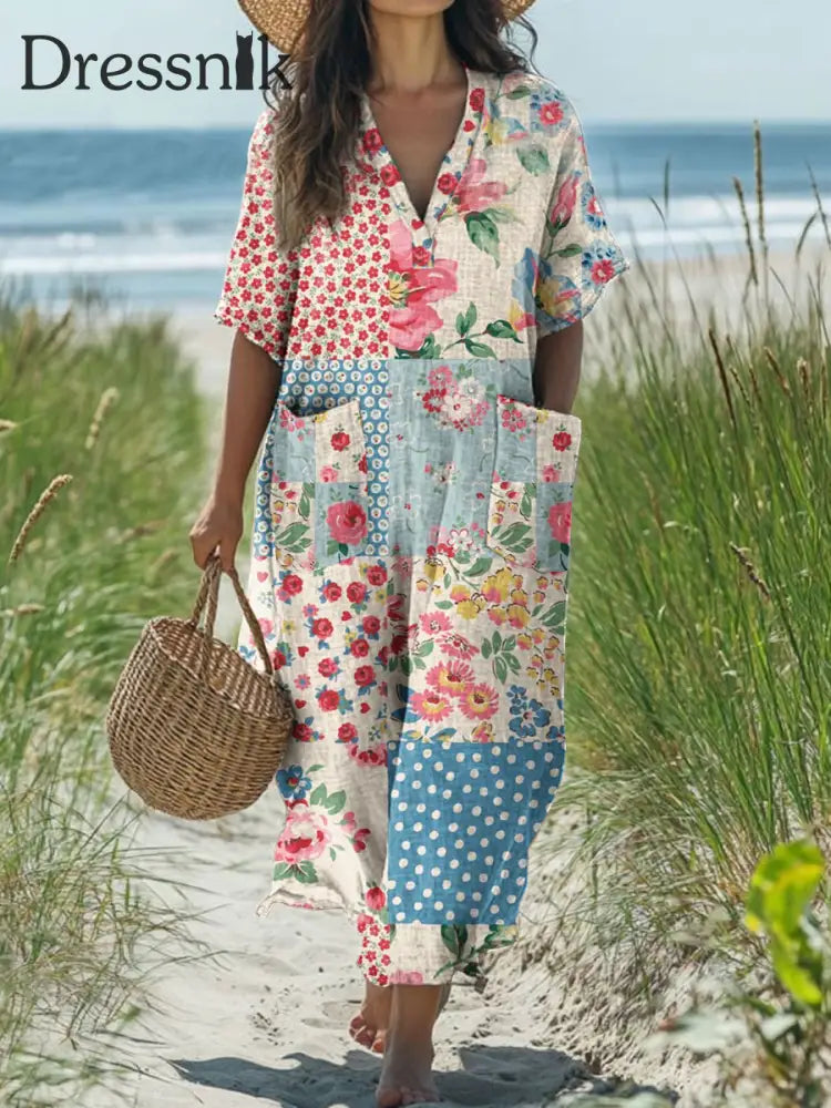 Stilvolles Blumenmuster Kunstdruck Kleid mit V-Ausschnitt als bild / S