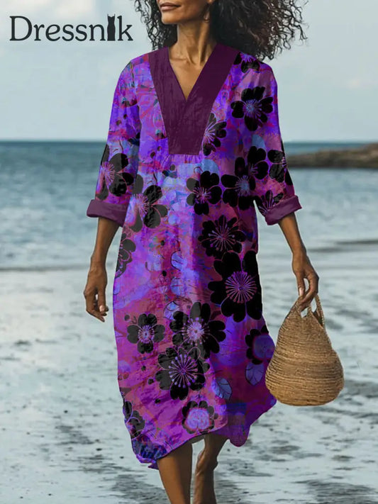 Stilvolles modernes Blumen druck-Kleid mit breitem Rand und V-Ausschnitt als bild / S