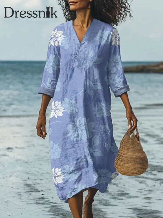 Stilvolles modernes Blumen druck-Kleid mit breitem Rand und V-Ausschnitt als bild / S