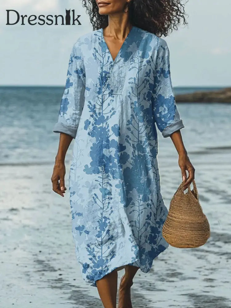 Stilvolles modernes Blumen druck-Kleid mit breitem Rand und V-Ausschnitt als bild / S