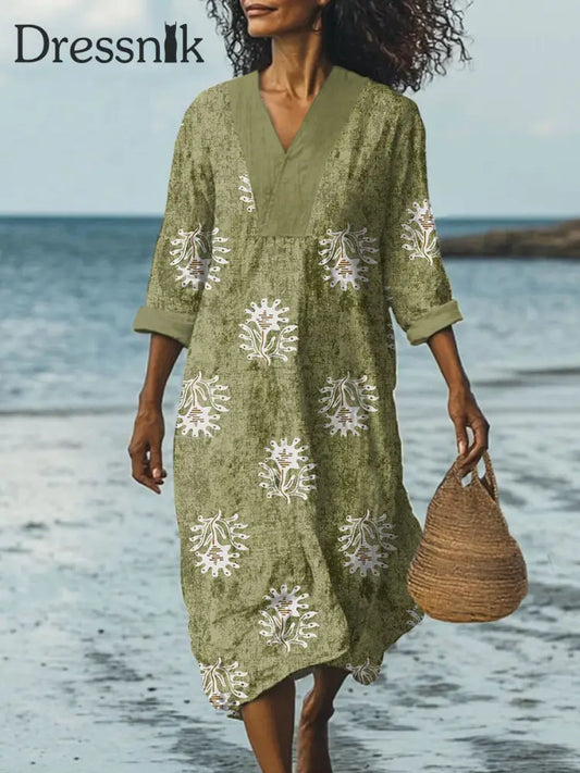 Stilvolles modernes Blumen druck-Kleid mit breitem Rand und V-Ausschnitt als bild / S