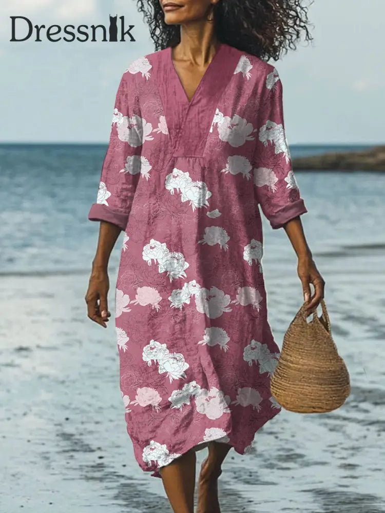 Stilvolles modernes Blumen druck-Kleid mit breitem Rand und V-Ausschnitt als bild / S