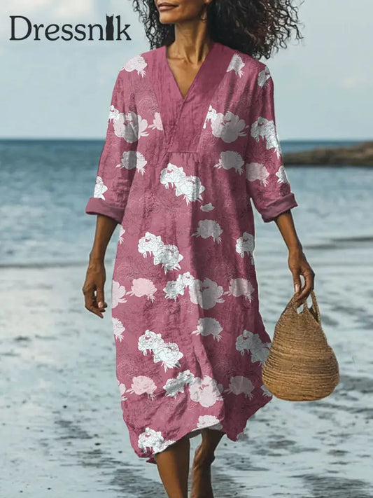 Stilvolles modernes Blumen druck-Kleid mit breitem Rand und V-Ausschnitt als bild / S