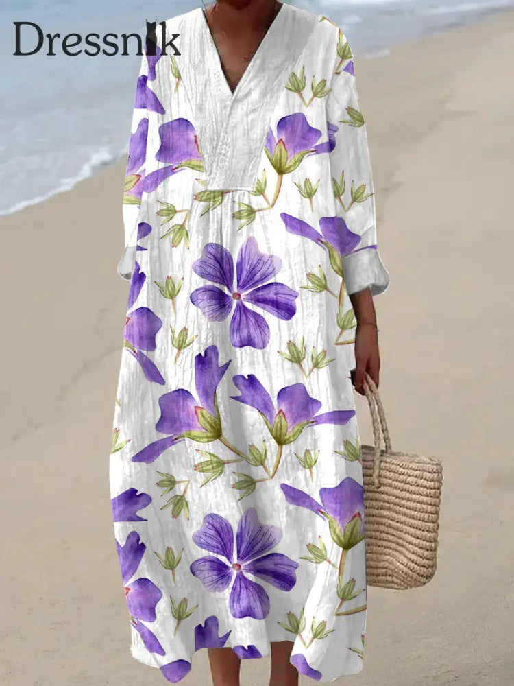 Stilvolles modernes Blumen druck-Kleid mit breitem Rand und V-Ausschnitt als bild / S