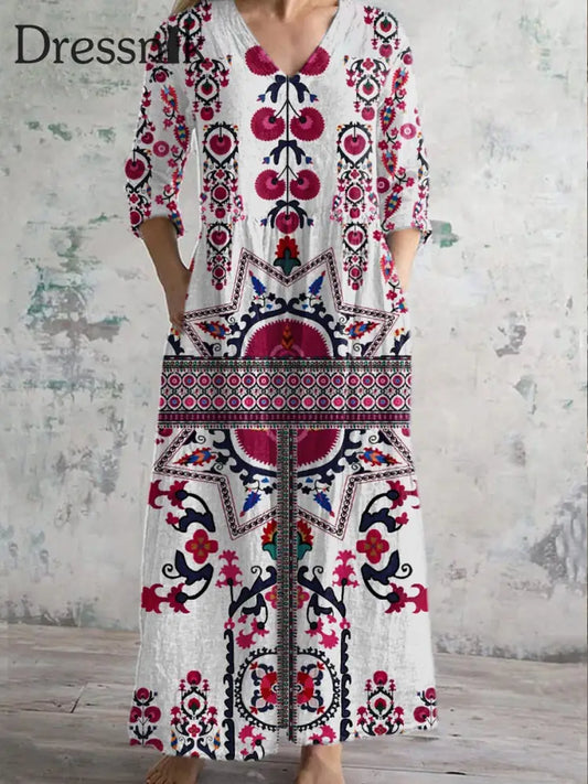 Stilvolles Vintage-Kleid mit Blumen kunst und V-Ausschnitt als bild / S