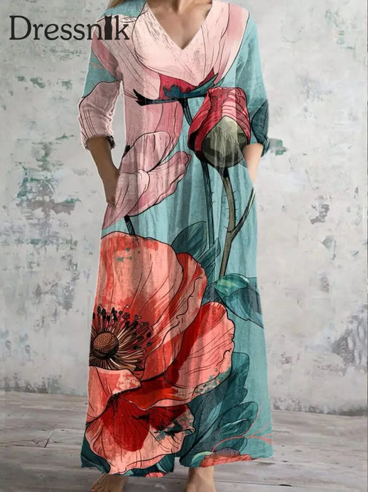 Stilvolles Vintage-Kleid mit Blumen kunst und V-Ausschnitt als bild / S