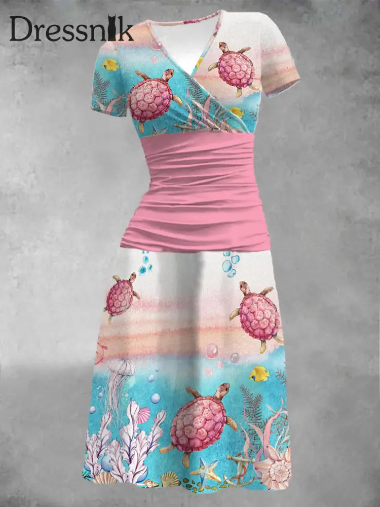 Strand urlaubs kleid mit rosa Meeres schildkröten druck für Frauen