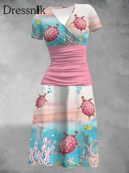 Strand urlaubs kleid mit rosa Meeres schildkröten druck für Frauen