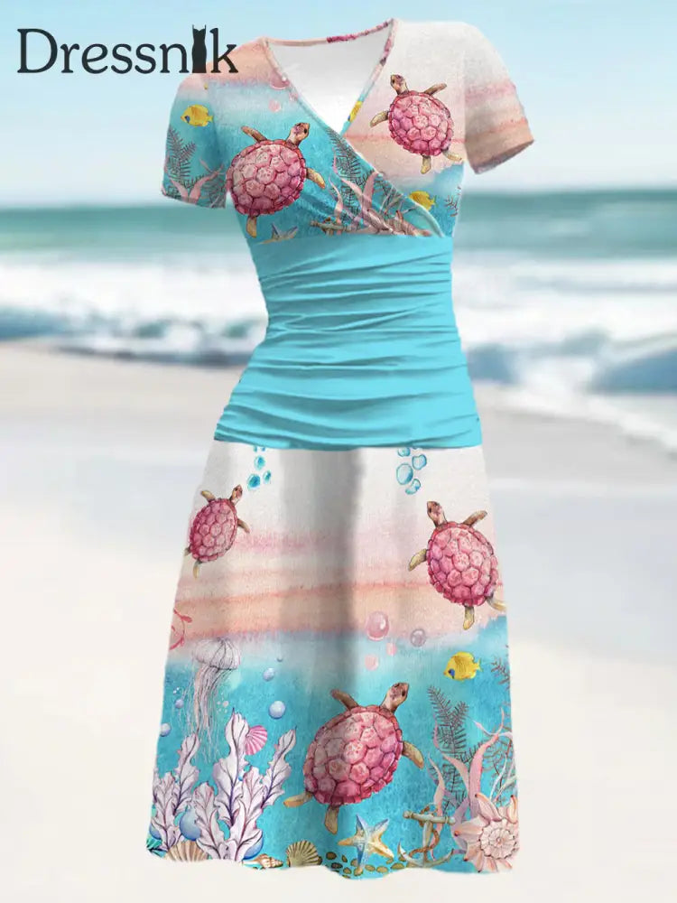 Strand urlaubs kleid mit rosa Meeres schildkröten druck für Frauen Blau / S