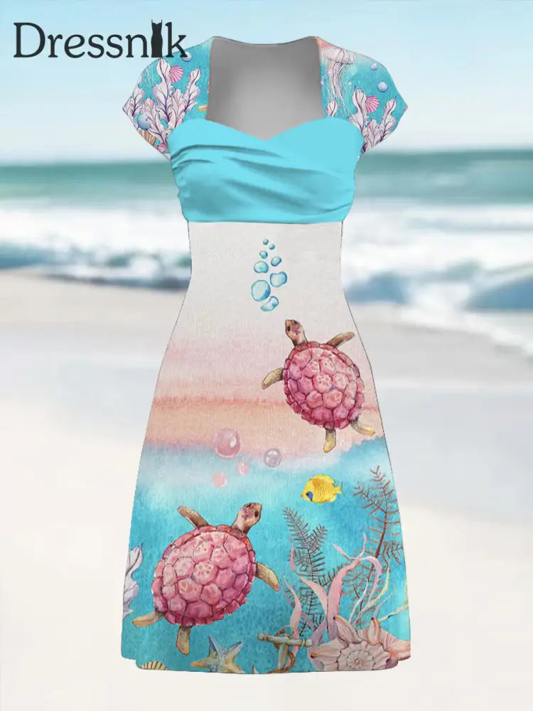 Strand urlaubs kleid mit rosa Meeres schildkröten druck für Frauen Blau / S