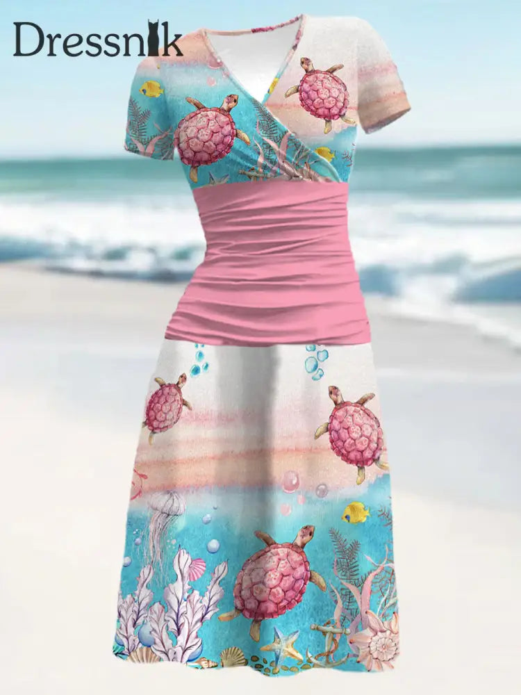 Strand urlaubs kleid mit rosa Meeres schildkröten druck für Frauen Rosa / S