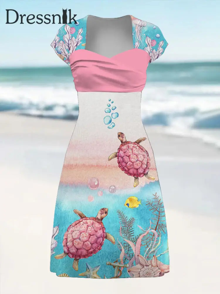 Strand urlaubs kleid mit rosa Meeres schildkröten druck für Frauen Rosa / S