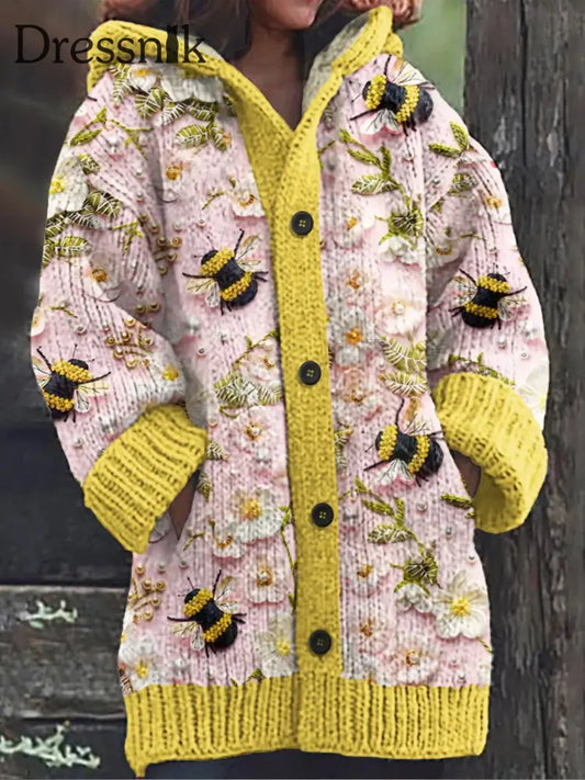 Strickjacke Mit Langen Ärmeln Kapuzen Pullover Knöpfen Elegant Blumen Druck A / S