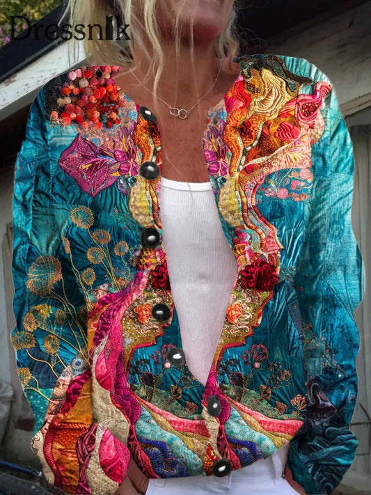 Strickjacke Mit Langen Ärmeln Schicker Knopf Elegant Blumen Druck A / S