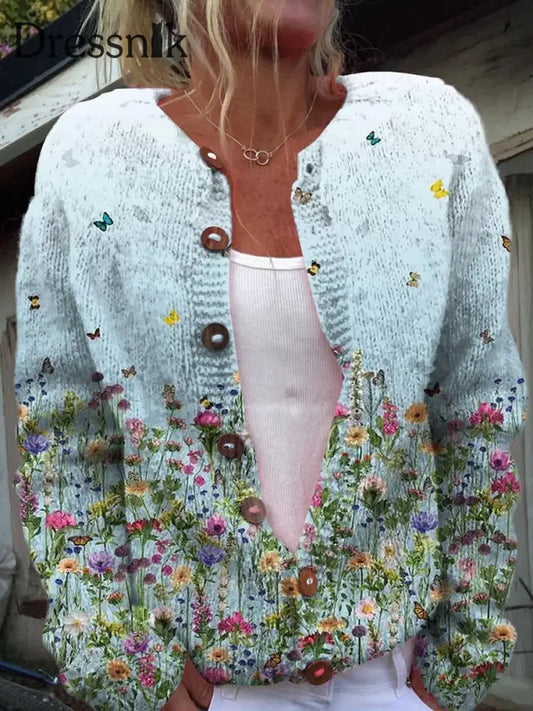 Strickjacke Mit Langen Ärmeln Schicker Knopf Elegant Blumen Druck A / S