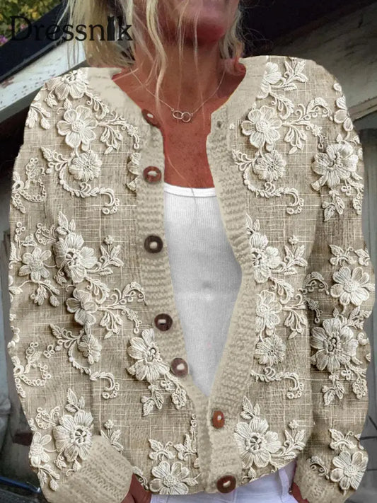 Strickjacke Mit Langen Ärmeln Schicker Knopf Elegant Blumen Druck A / S