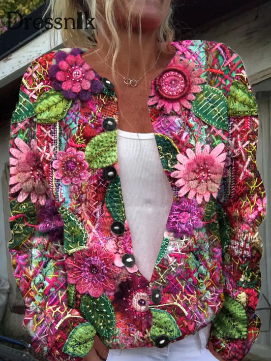 Strickjacke Mit Langen Ärmeln Schicker Knopf Elegant Blumen Druck A / S