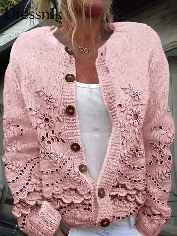 Strickjacke Mit Langen Ärmeln Schicker Knopf Elegant Blumen Druck B / S