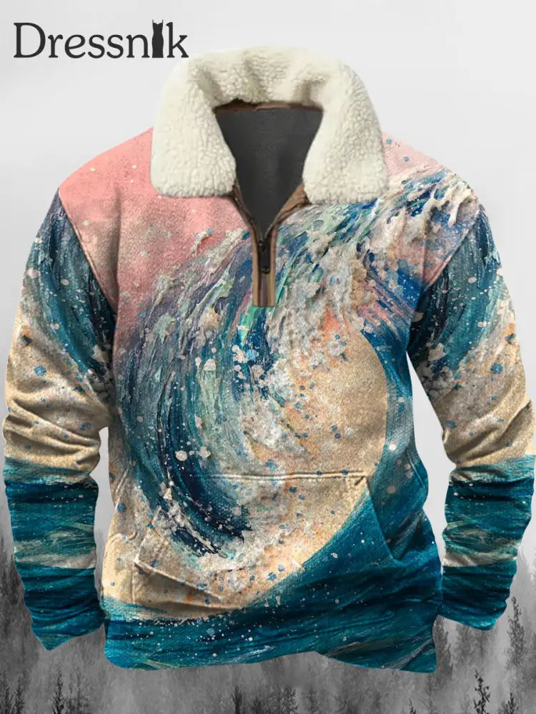 Sunset Wave Ölgemälde Bedrucktes Revers Fluffy Kragen Reiß Verschluss Lässig Lose Sweatshirt A / S