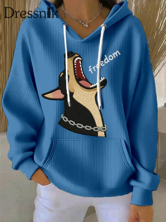 Sweat à Capuche Femme Drôle Chien Imprimé Bleu / S