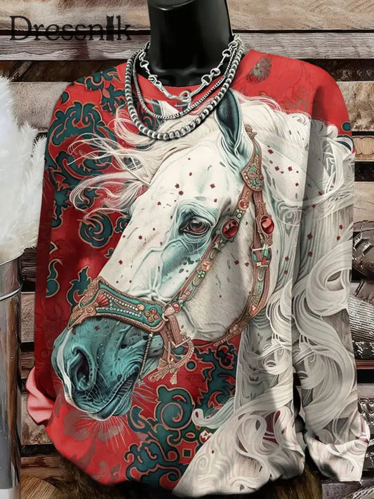 Sweatshirt mit westlicher Pferde kunst für Damen als bild / S