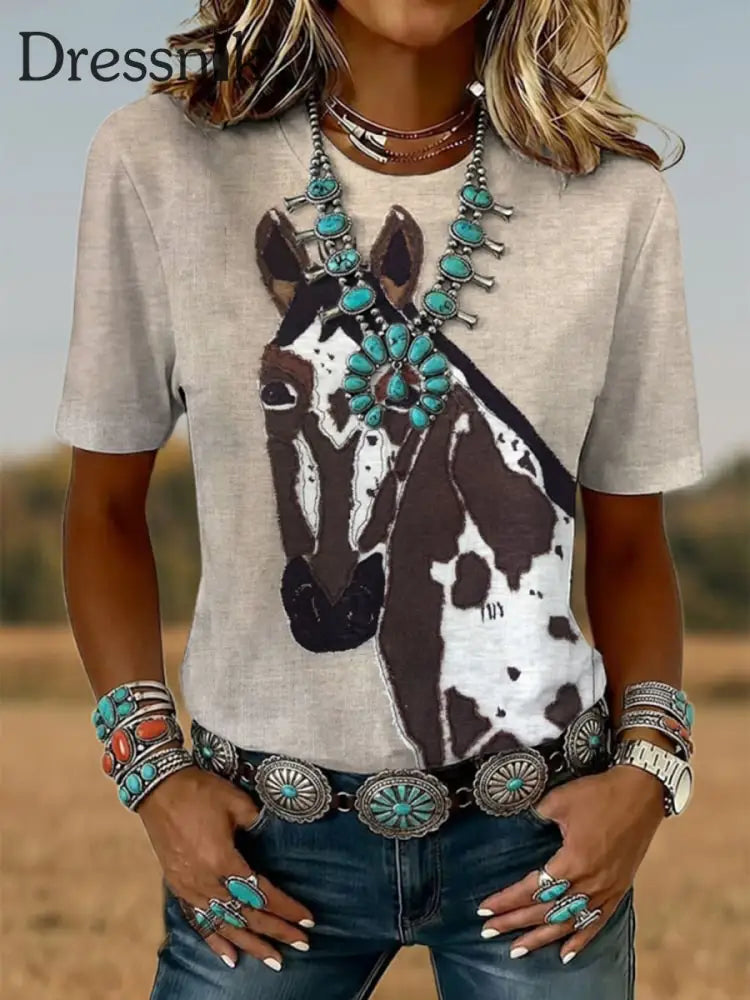 T-Shirt mit kurzen Ärmeln für Damen Western pferd Aprikose / S