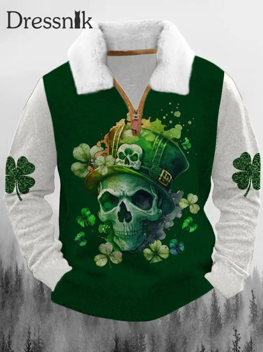 Totenkopf Punk St. Pat’s Day Spleißen Bedruckt Revers Fluffy Kragen Reiß Verschluss Lässig