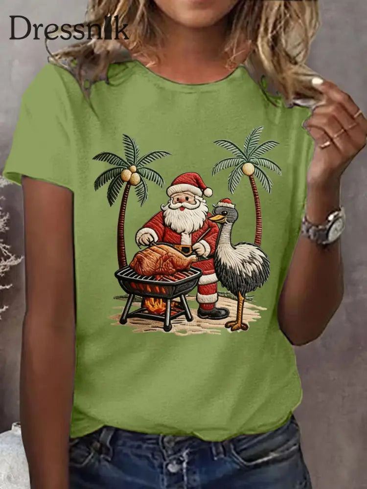 Tropisches Weihnachtsmann-Print-T-Shirt für Damen Grün / S
