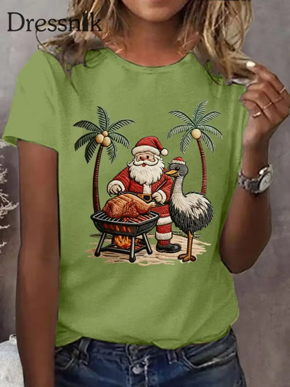 Tropisches Weihnachtsmann-Print-T-Shirt für Damen Grün / S